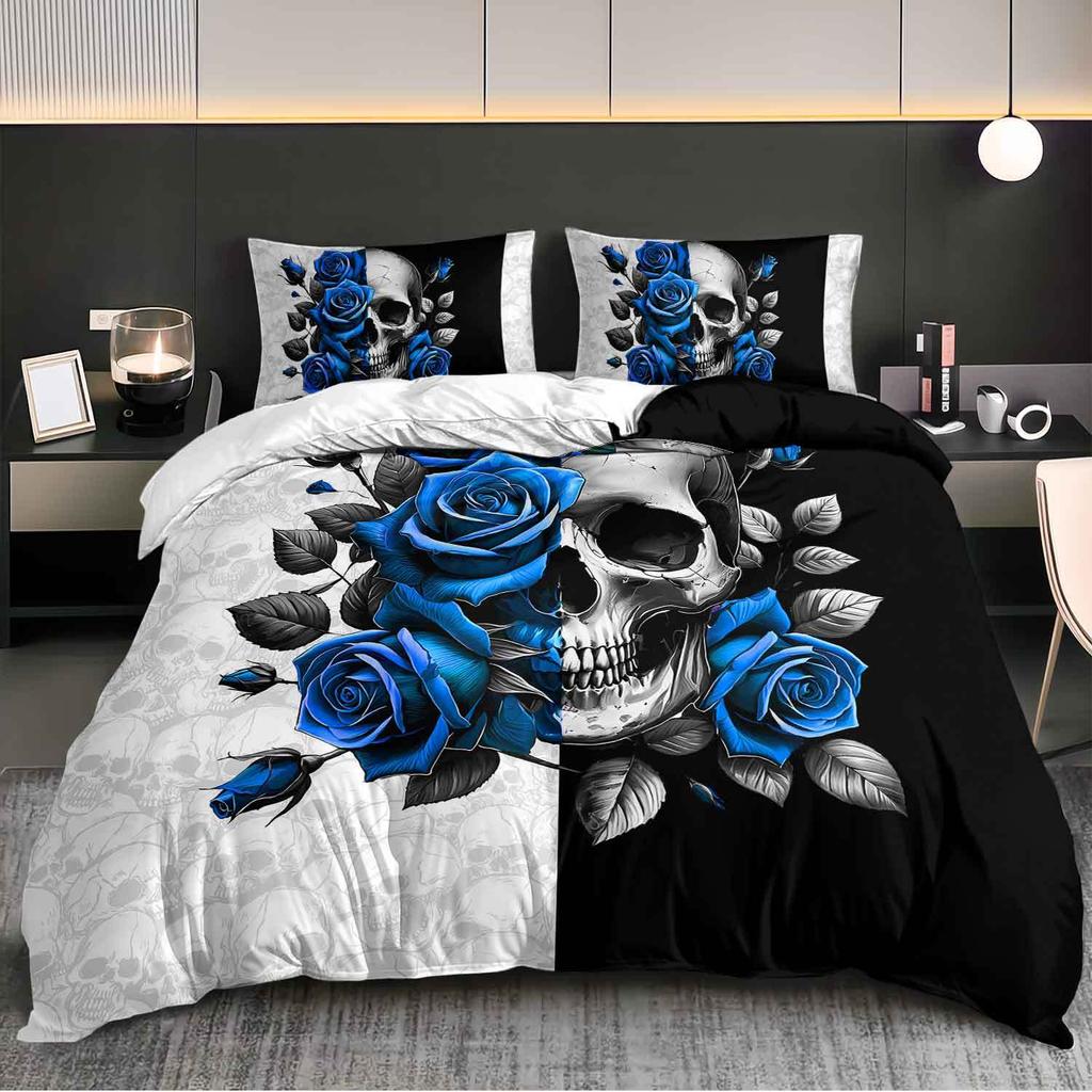Set Of 3Pcs Featuring Blue Roses And Skulls This Gothic Bedding Ensemble Includes A Duvet Cover And Two Pillowcases