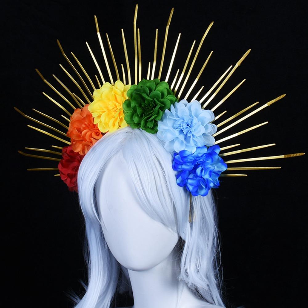 

Sun Colorful Flower Hair Hoop Aureole Goddess Halo Headband Fashion Rainbow Hairband Party Style C