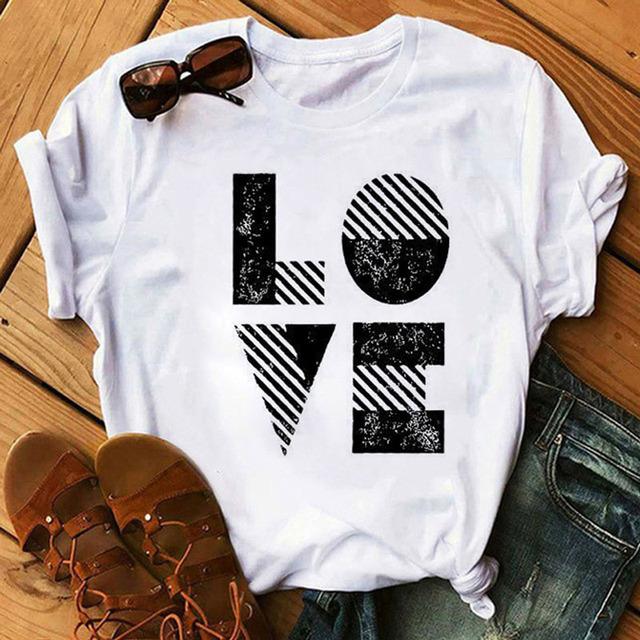 Love Font Geometric Print T Shirt Women New Fashion Black T Shirt 90S Ladies Casual Tops Female Short Sleeve O-Neck Tee Shirts