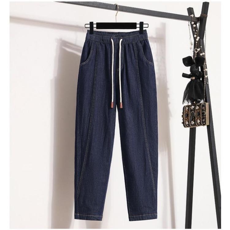 Plus Size High Waist Elastic Denim Jeans Women Loose Harem Casual Solid Trousers Long Pants 4XL