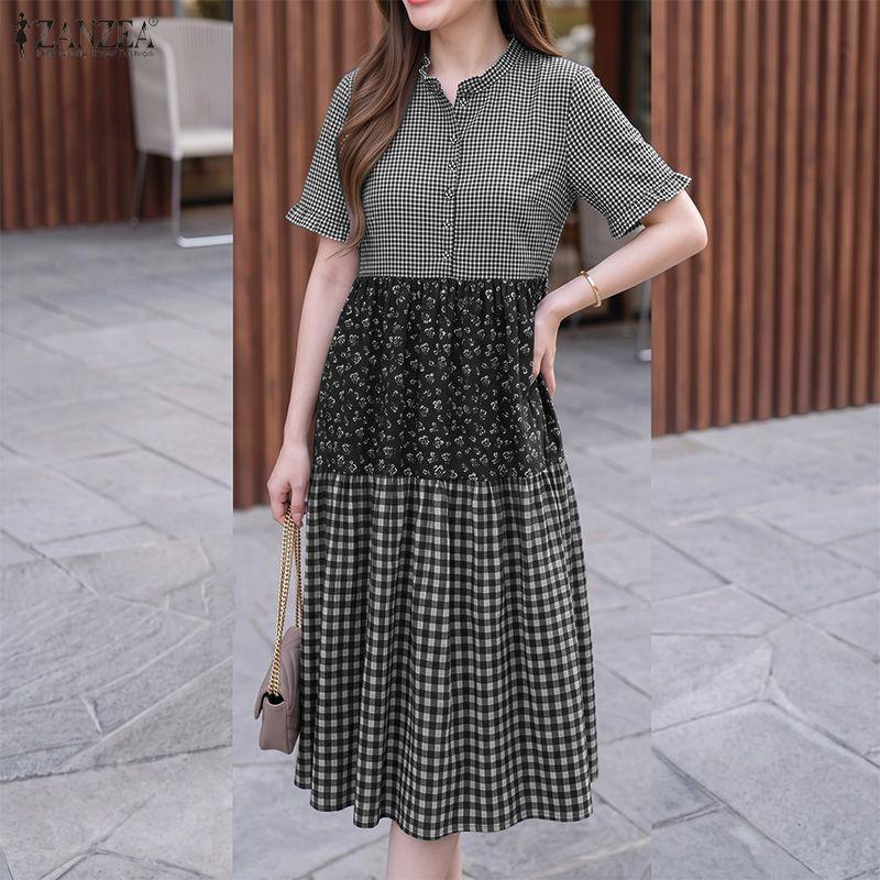 ZANZEA Women Casual Round Neck Loose Short Sleeve Plaid Print Dress