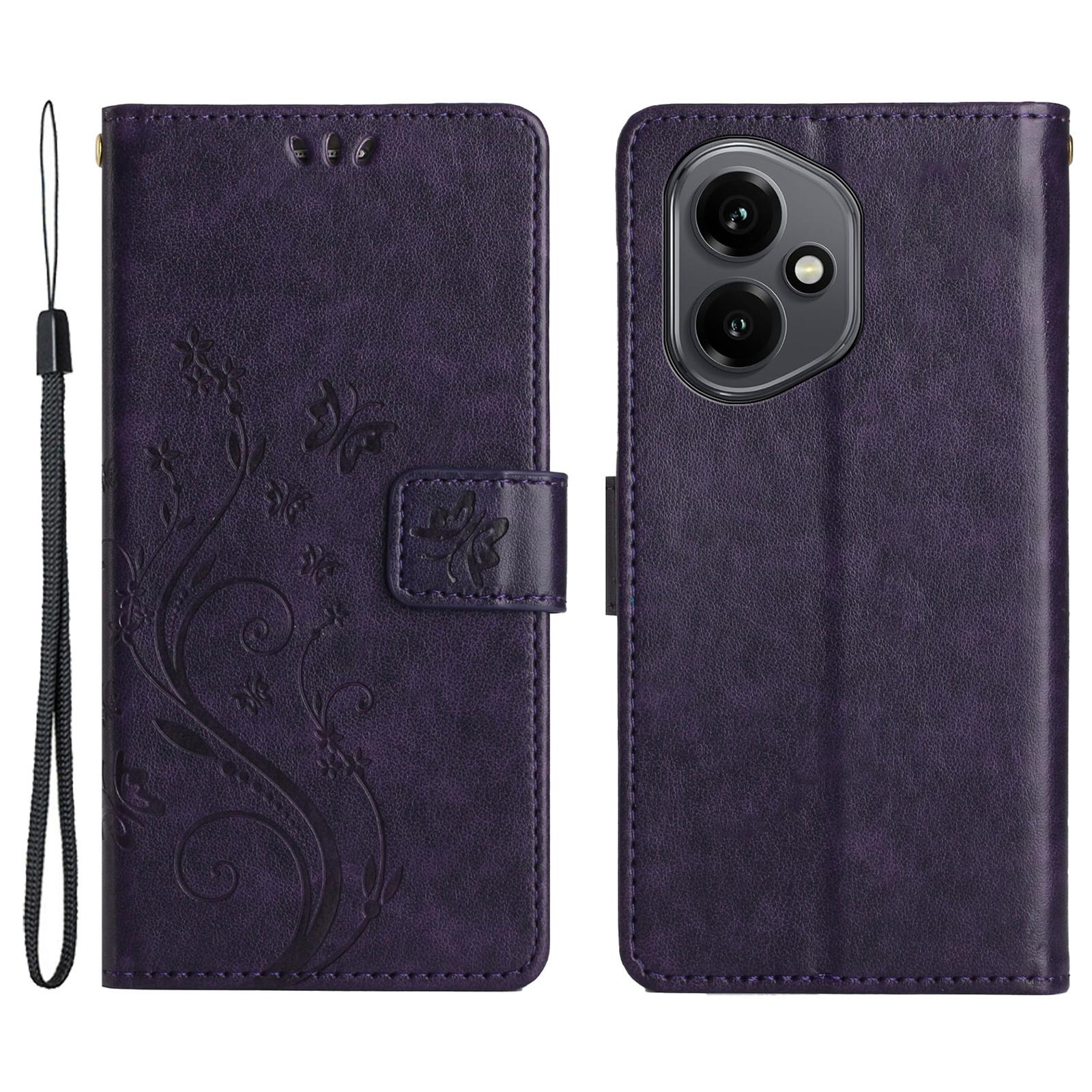 

Для Honor 400 5G (Глобальный) Кожаный чехол-кошелек с тиснением в виде бабочки и цветка, чехол для телефона с ремешком Dark Purple