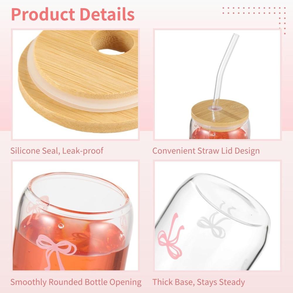 4pcs Bow Glass Cups with Lids and Straws 16oz Can Shaped Drinking Glasses Set Iced Coffee Cup Beer Glasses Tumbler
