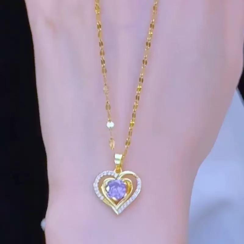 Purple Love Necklace Women'S Light Luxury Versatile Micro-Inlaid Zircon Heart-Shaped Clavicle Chain