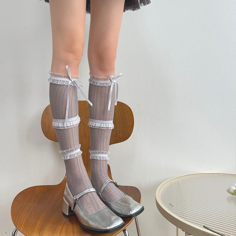 Sommer Lolita Damen Socken Süße Dreilagige Rüschen Spitze Netz Strümpfe für Damen Dünnes Netz Atmungsaktiv Hoher Schaft Schleifen Socken
