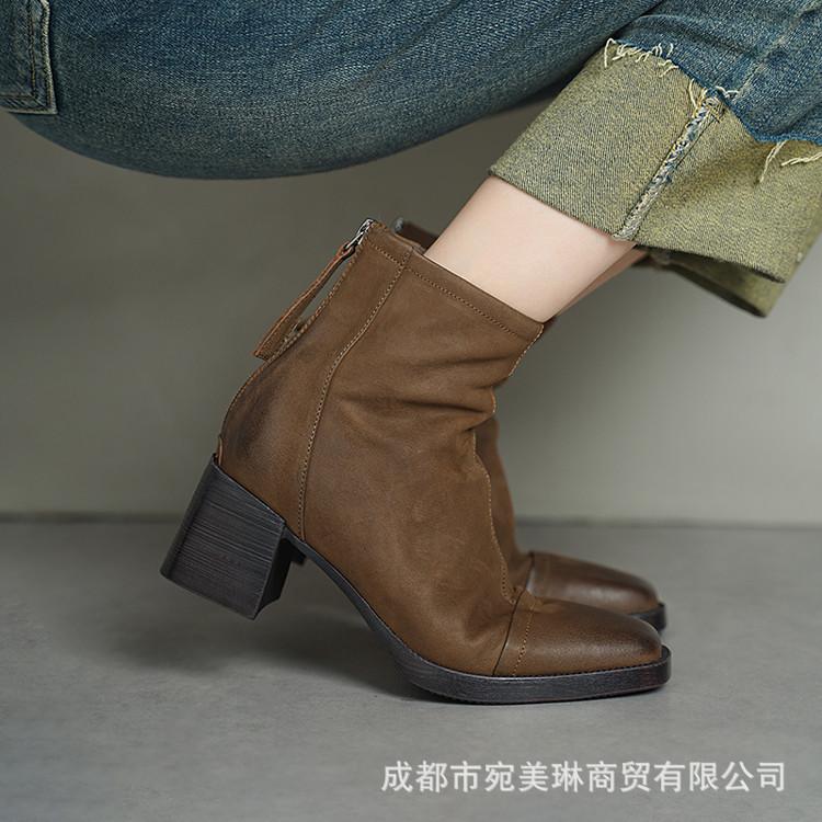 Thick heel square head leather short boots women's 2025 new British splicing thin Chelsea boots rear zipper fashion boots women
