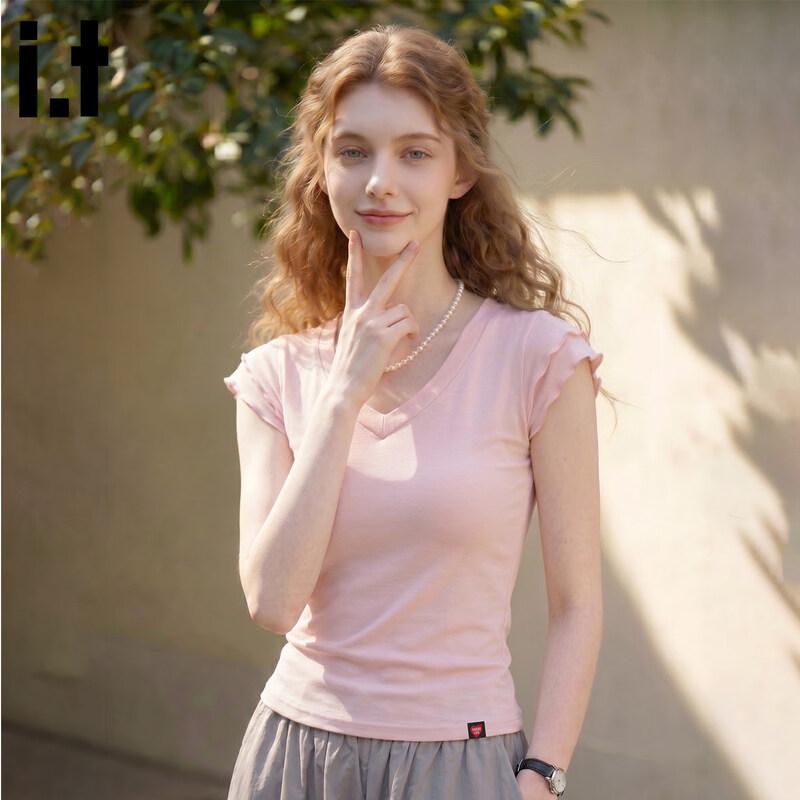 CHOCOOLATEit Women's Slim Fit V-Neck Frilled Short Sleeve T-Shirt