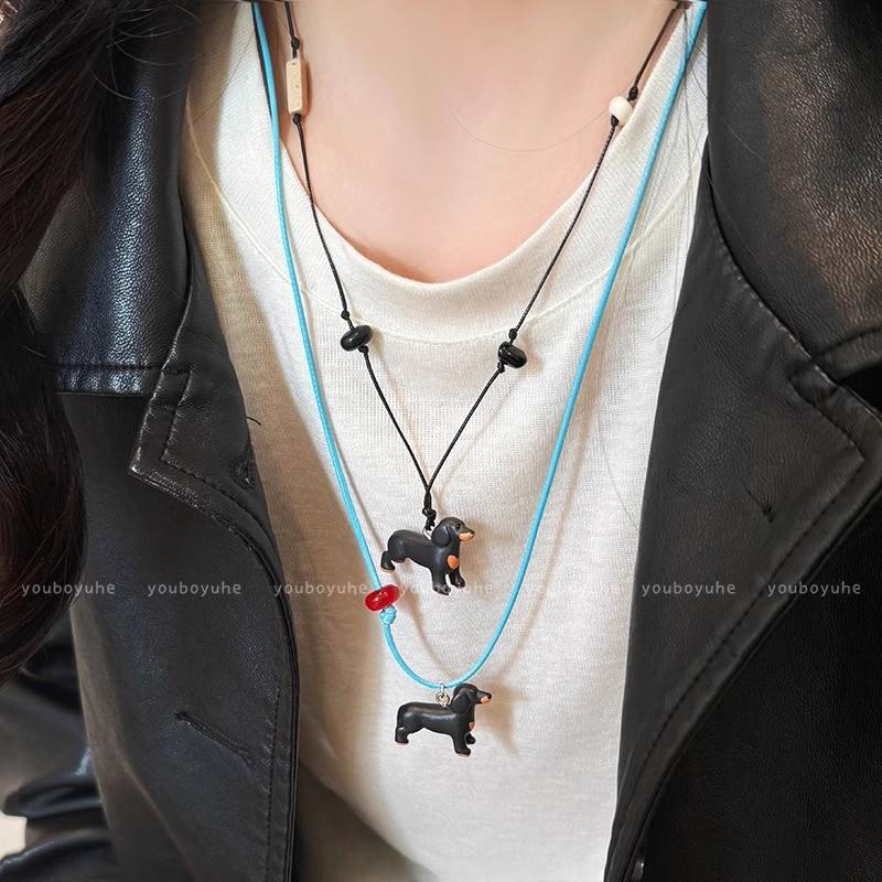 Adorable Puppy Pendant Necklace with Removable Leather Rope - Versatile Long Clavicle Chain for Women