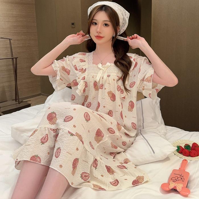 Princess Style Fattened And Enlarged Summer Short-Sleeved Nightgown Wrinkled Cotton Loose Large Size Sweet Cartoon Loungewear Can Be Worn Outside