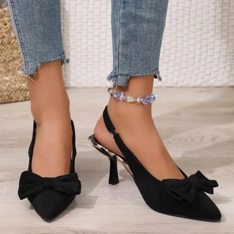 Sexy Big Bowknot Sling Back Pumps Women 2025 Summer Thin High Heels Shoes Women Black Pointed Toe Party Shoes