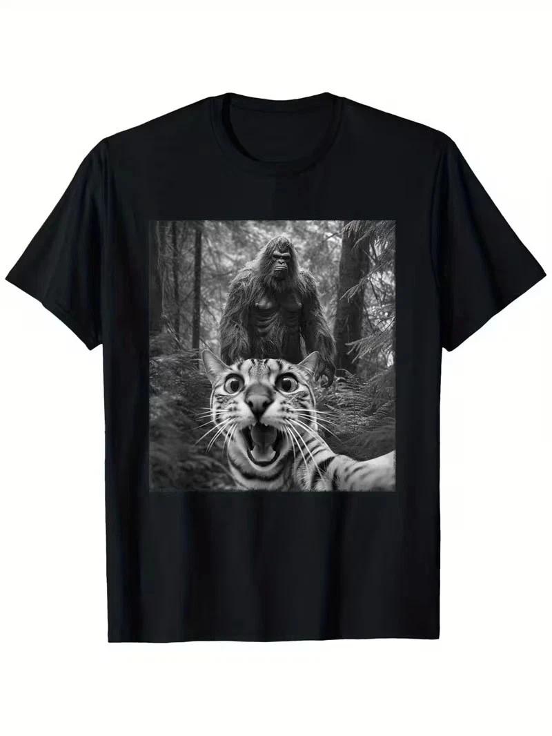 Funny Sasquatch & Scared Cat Selfie T shirt - Soft Cotton, Casual Fit, Round Nec S