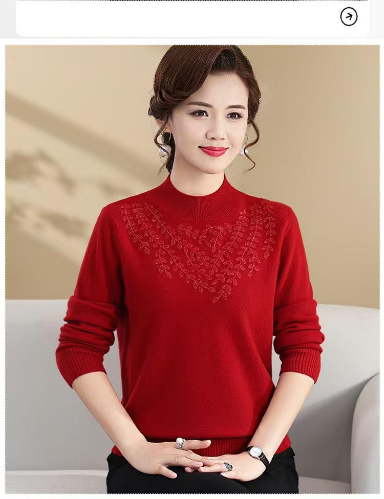 Mom's Embroidered Wool Sweater - Half-High Collar, Solid Color, Plus Size, Middle-Aged Women's Winter Knitwear