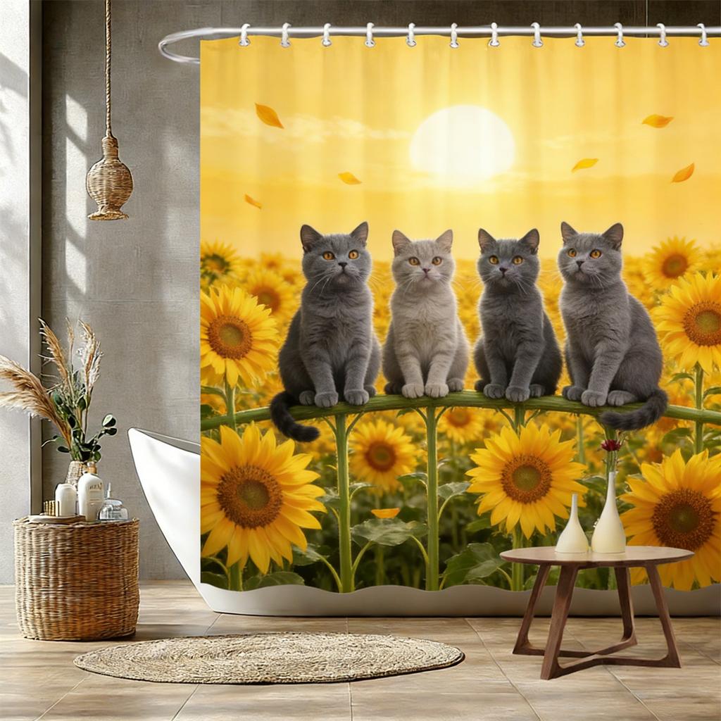 Four White Cats on Magnolia Branch Waterproof Shower Curtain for Bathroom Decor