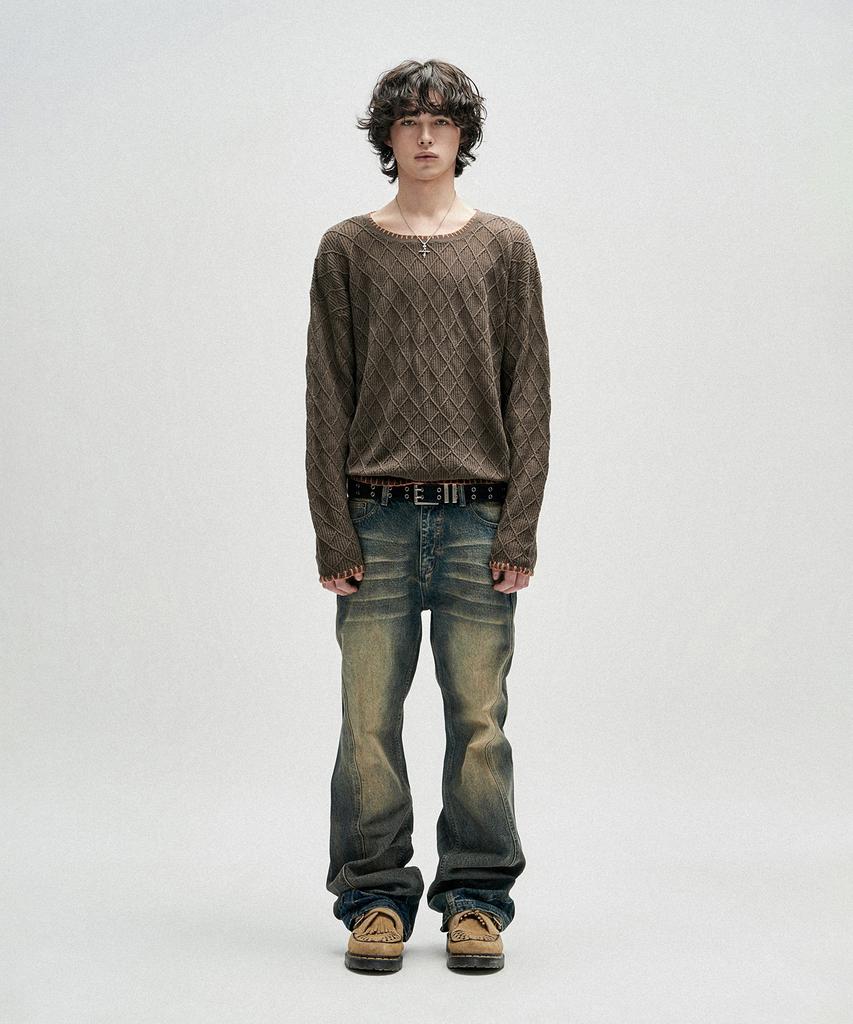 NOT4NERD Distressed Contrast Hand Stitch Knit - Khaki