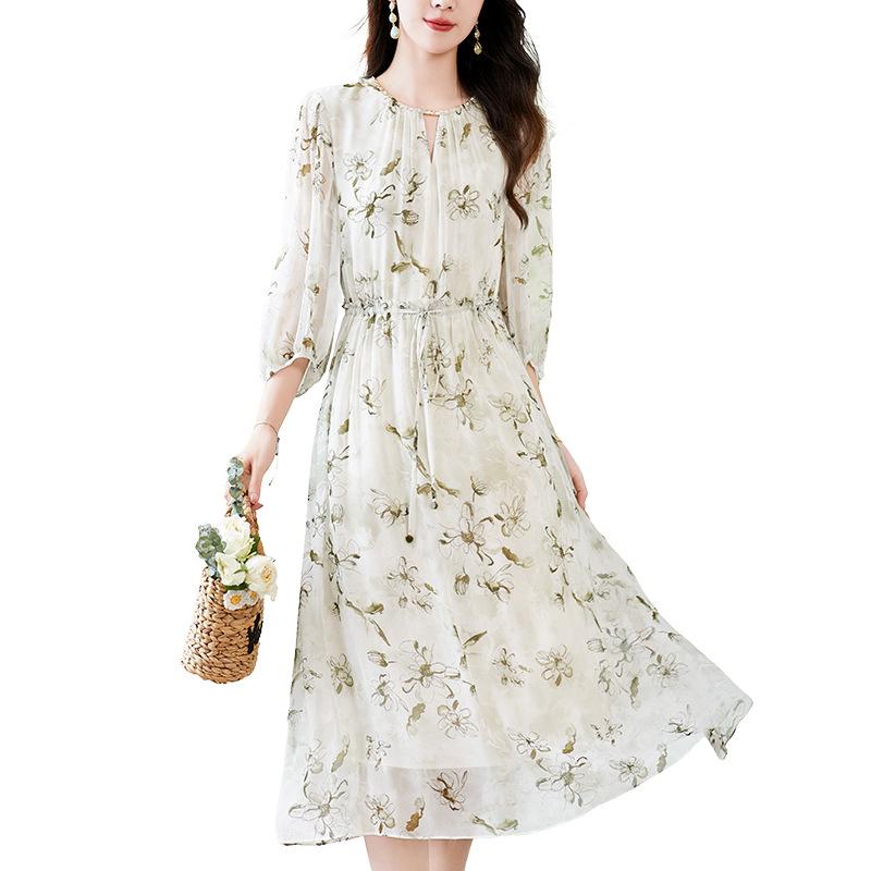 2026 summer new Hangzhou silk mulberry silk dress women's printing casual temperament waist lace-up floral skirt