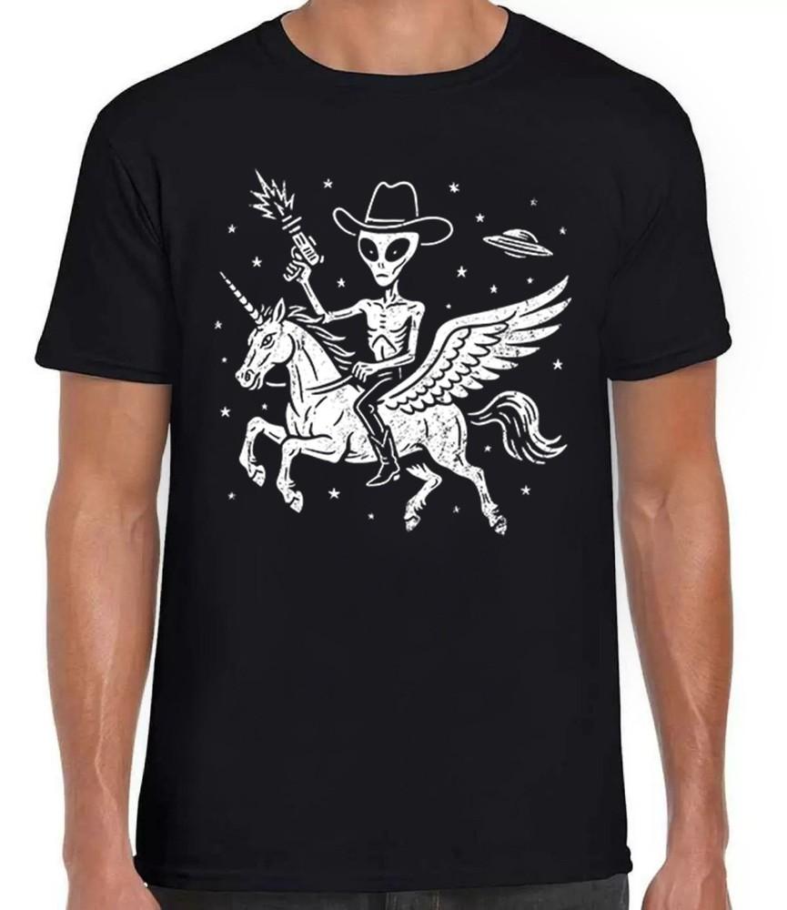 

Alien Unicorn UFO Area 51 Space Cowboy Drawing Art Super Black Tee T Shirt 468 4XL