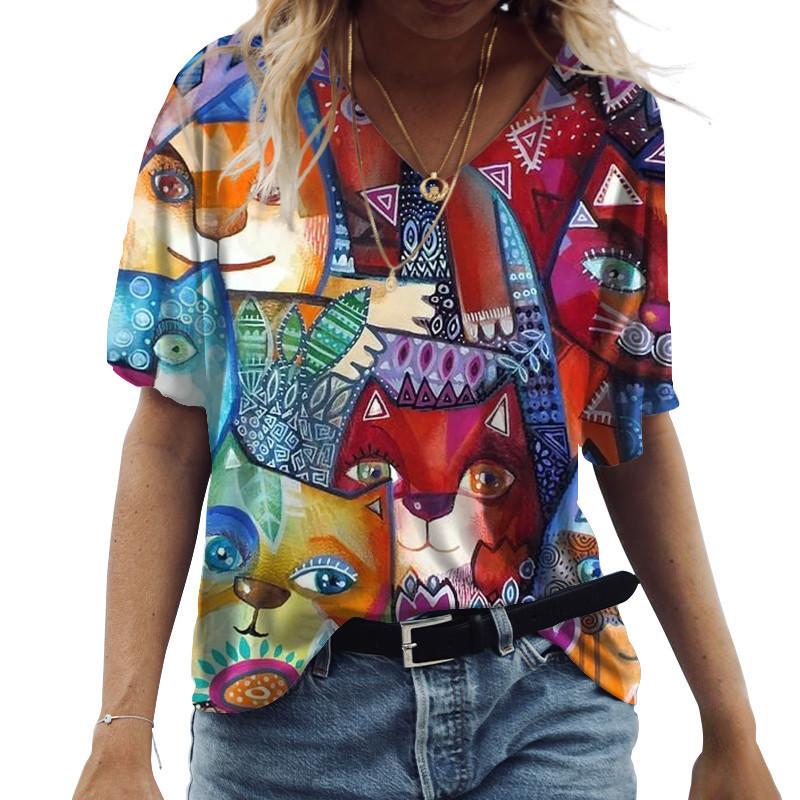 Cute Frog Cat 3D Printed T-shirt for Women's Summer V-neck