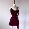 Spring and Summer New French Retro Burgundy Swinging Collar Suspender Dress Niche Design Flower Decoration Folds Waist