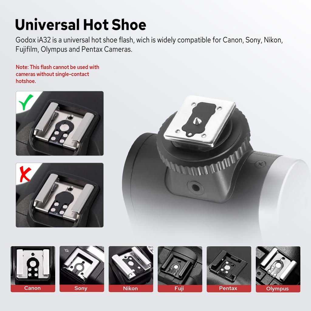 Authorized Godox iA32 Camera Flash iA 32 Flash 8 Output iA32 Strobe Compatible with Canon Fujifilm Nikon Panasonic Olympus Sony Cameras [GODOX Dealer]