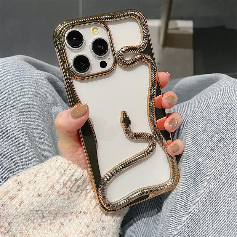 Year of The Snake for Apple 16PROMAX Phone Case Hollowed Out Snake for IPhone 15 Electroplated Protective Case
