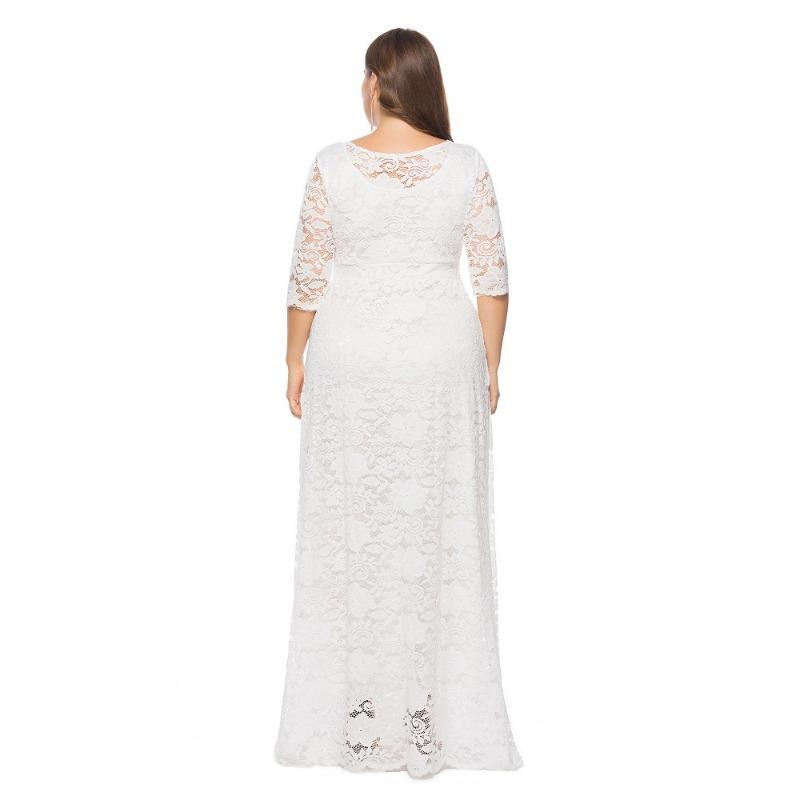 Trendig Plus Size Spetsad Kvällsklänning med Fickor och Urskurna Korta Ärmar