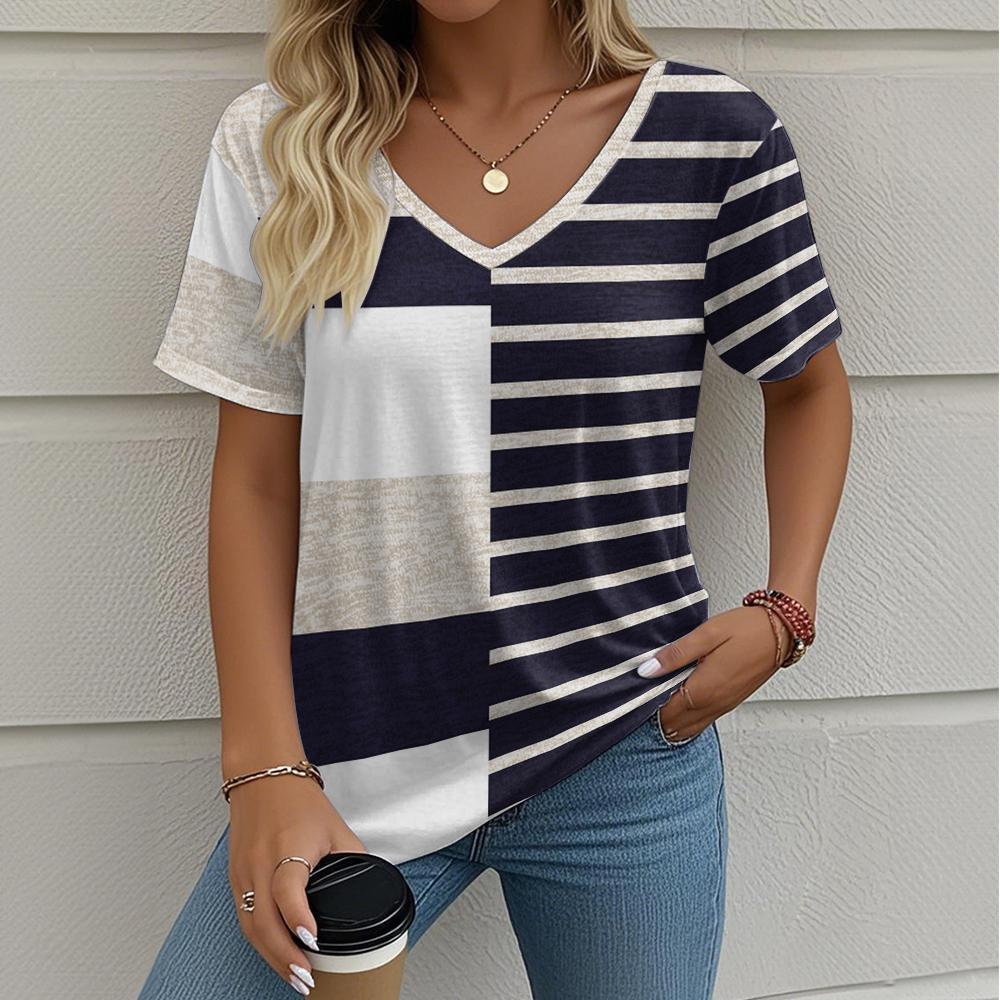 

Летняя женская полосатая футболка оверсайз с принтом, ретро-мода, повседневная, Y2k, с V-образным вырезом, женская футболка с коротким рукавом 3XL