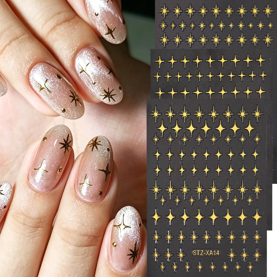 Xiaomi 6pcs Bronzing Metallic Golden Star Nail Art Stickers Y2K Mirror Effect Pentagram Starburst English Script Letters Nail Art Decal