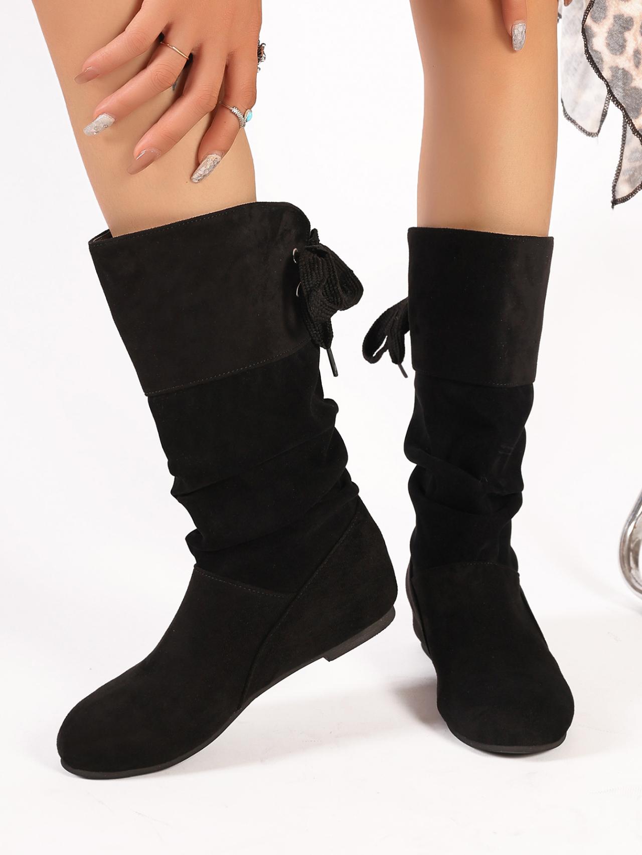 

Женские высокие сапоги с бантом на среднем каблуке, туфли челси, женские зимние сапоги до середины голени, тренд 2025 года, зимние кожаные плиссированные туфли в готическом стиле Botas Mujer 42