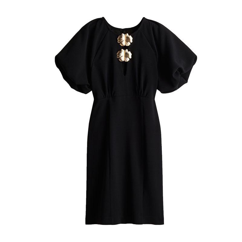 

Spring and Summer New Women s Clothing French Style Design round Neck Lantern Sleeve Flower Decorations Dress 1289343 Black L