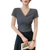 Women's Slimming Cross V-Neck Short Sleeve Cropped T-Shirt - Black Summer Outerwear