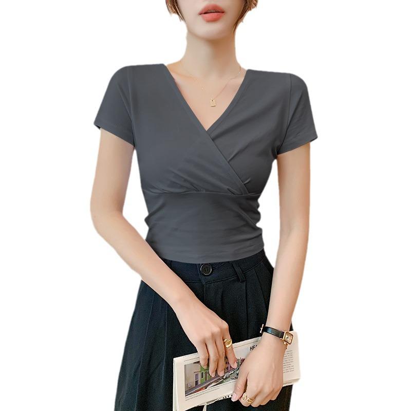 Women's Slimming Cross V-Neck Short Sleeve Cropped T-Shirt - Black Summer Outerwear