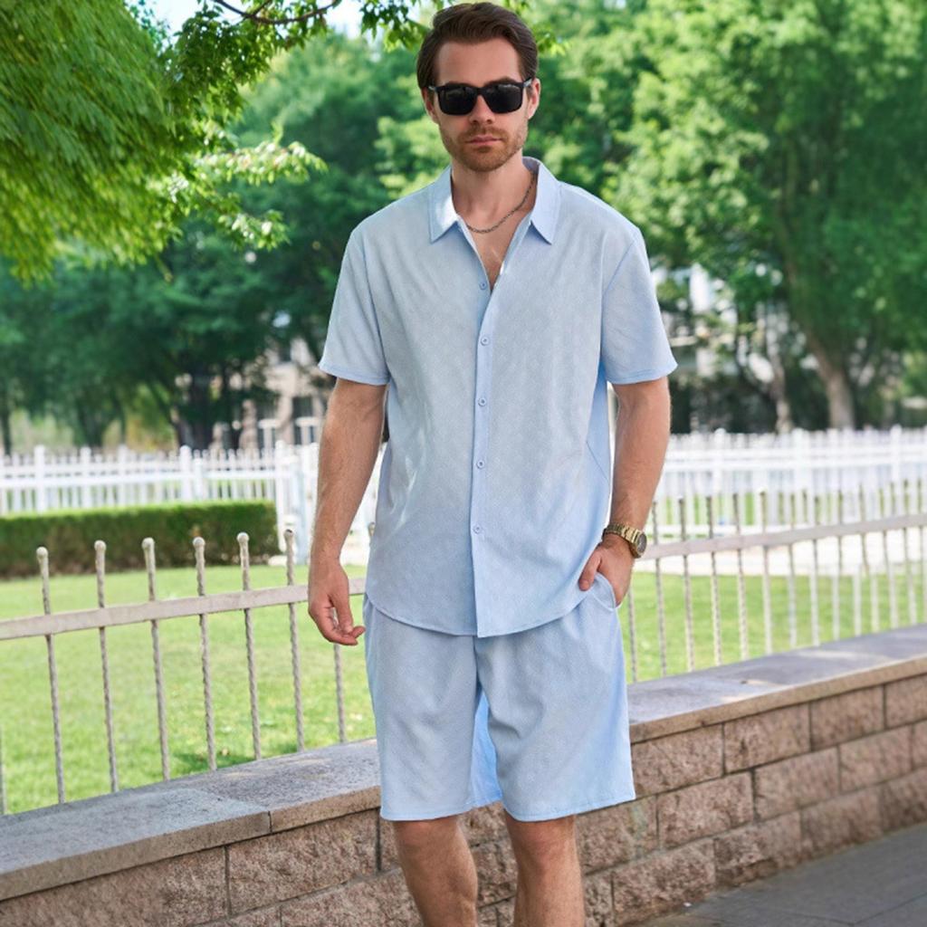 Stand-up Collar Button Short-sleeved T-shirt, Shirt And Shorts Set