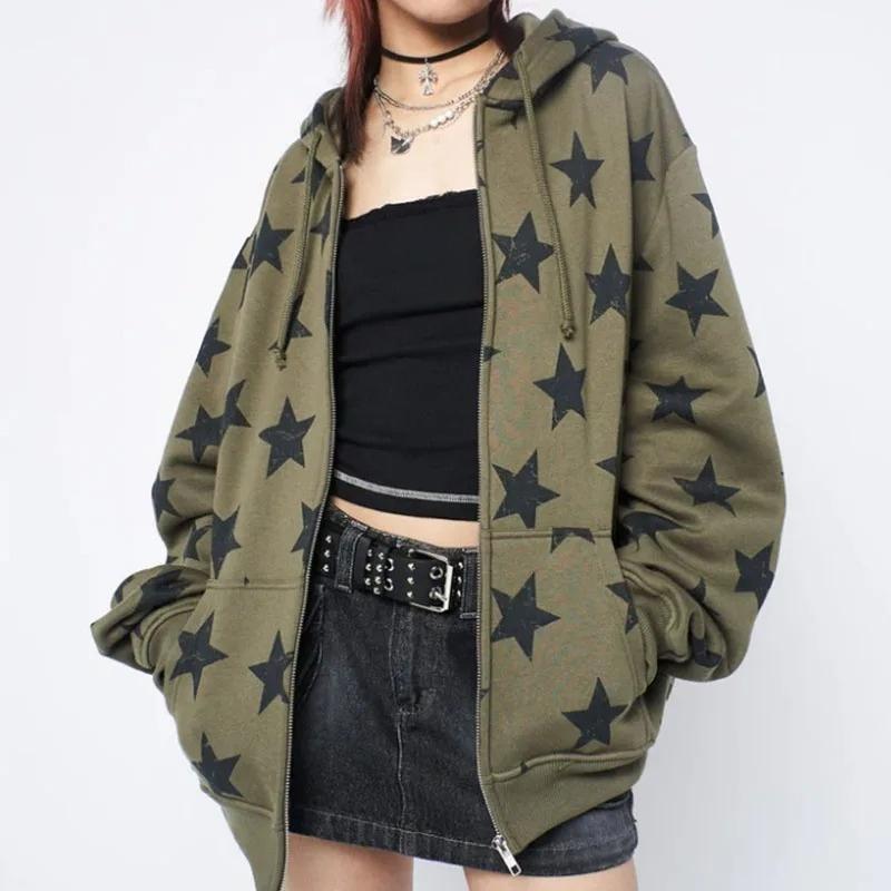 Y2k Clothes Vintage Star Oversized Sweatshirt Jacket Harajuku Goth Long Sleeve Women Sweatshirt 2000s Hip Hop Zip Up Hoodies Top