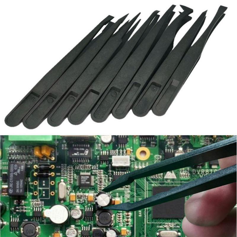 8PCS Flat Tip Anti-static Tweezer 11-12CM Black Flat Tip Plastic Antistatic Tweezers