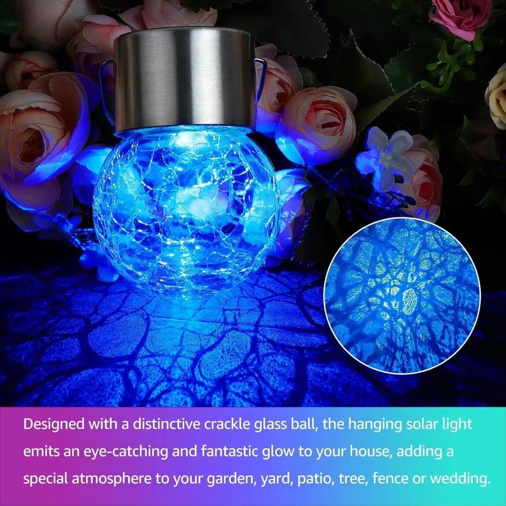 12Pcs Solar Powered Outdoor Hanging Lights Colorful LED Cracked Glass Ball Design Waterproof Pathway Lantern for Garden Decor