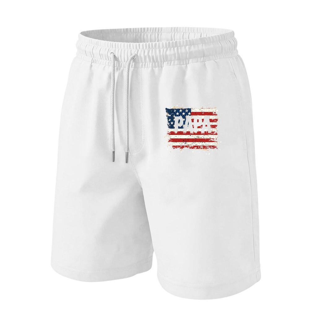 Men Drawstring Waist Casual Shorts with Flag Print Relaxed Fit Lightweight Soft Fabric Elastic Waistband for Daily Wear