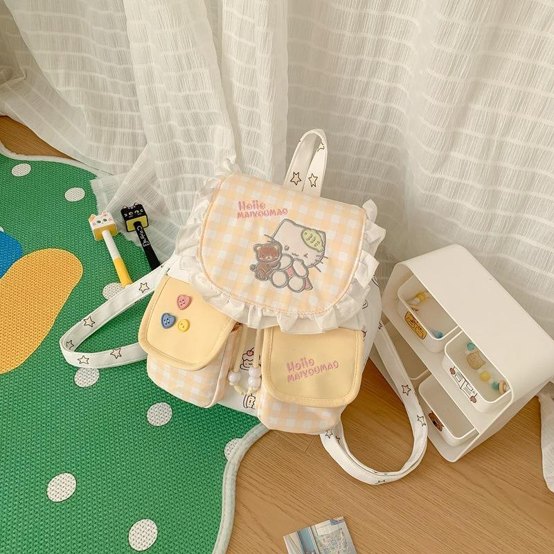 Schoolbag Cream Plaid Flip Backpack Girls Travel Bag Japanese Soft Girl Double Pocket Drawstring Mini Backpack