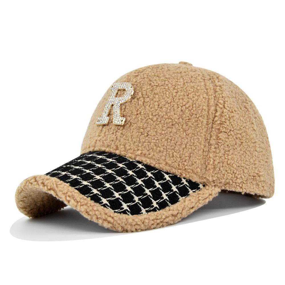 Lambskin r baseball cap r point diamond peaked cap teddy velvet sunshade curved brim hat winter hat guangdong