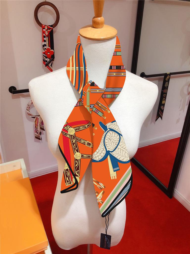 90cm Twill Silk Scarf Shawl Luxury Brand Belts Saddles Print Square Scarf Women Hijabs Bandana Foulard Neckerchief Head Scarves