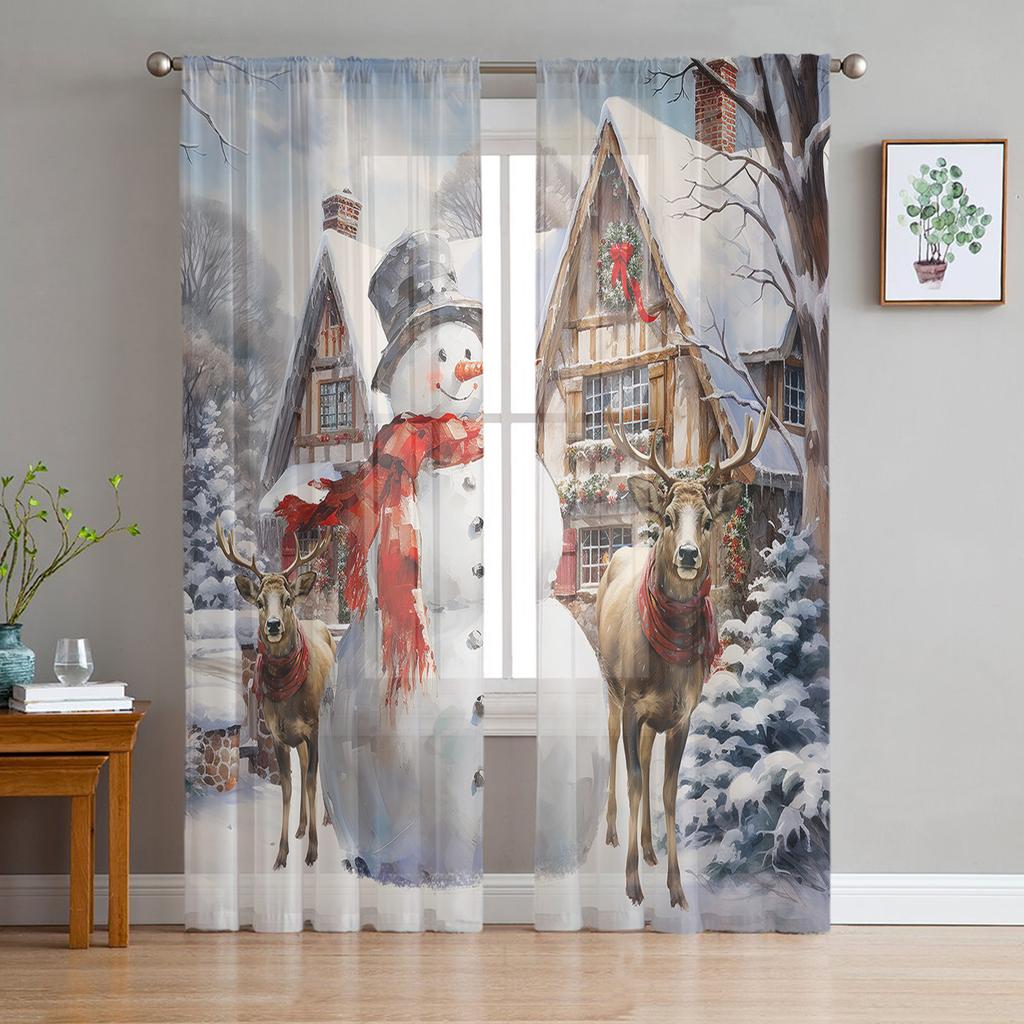 Om de zăpadă de Crăciun Scenă de zăpadă Casă roz Perdele transparente Decorațiuni pentru casă de Crăciun Perdele din tul pentru fereastră pentru sufragerie dormitor