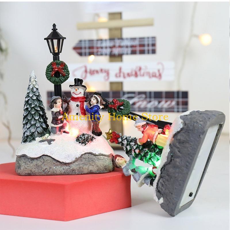 F26C Christmas Village Scene Xmas Tree Snowman Resin Ornament with LED Light Animated Street Lamp Miniature Statue Decoration