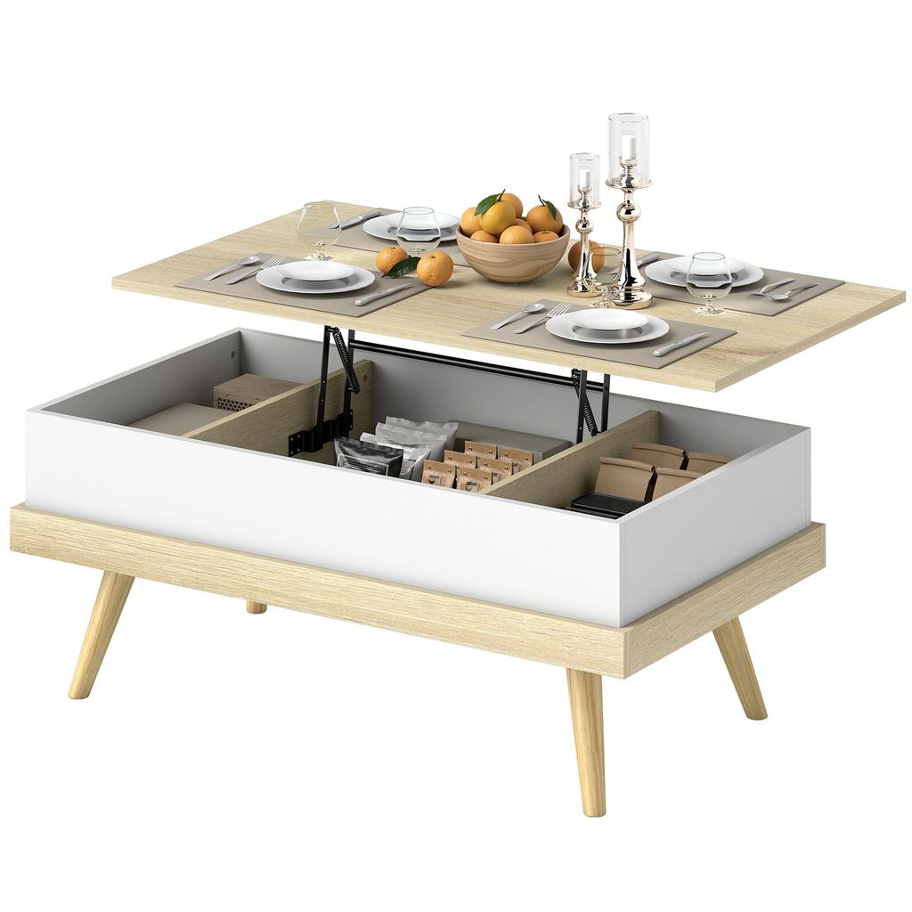 Coffee Table with 3 Hidden Compartments, Modern Living Room Table, Wooden Legs, 100x79x54cm, Natural White