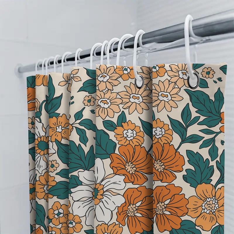 Luxury Floral Shower Curtain Set Waterproof Bath Decor With Orange White Flowers Print Modern Home Decor For Bathroom Available