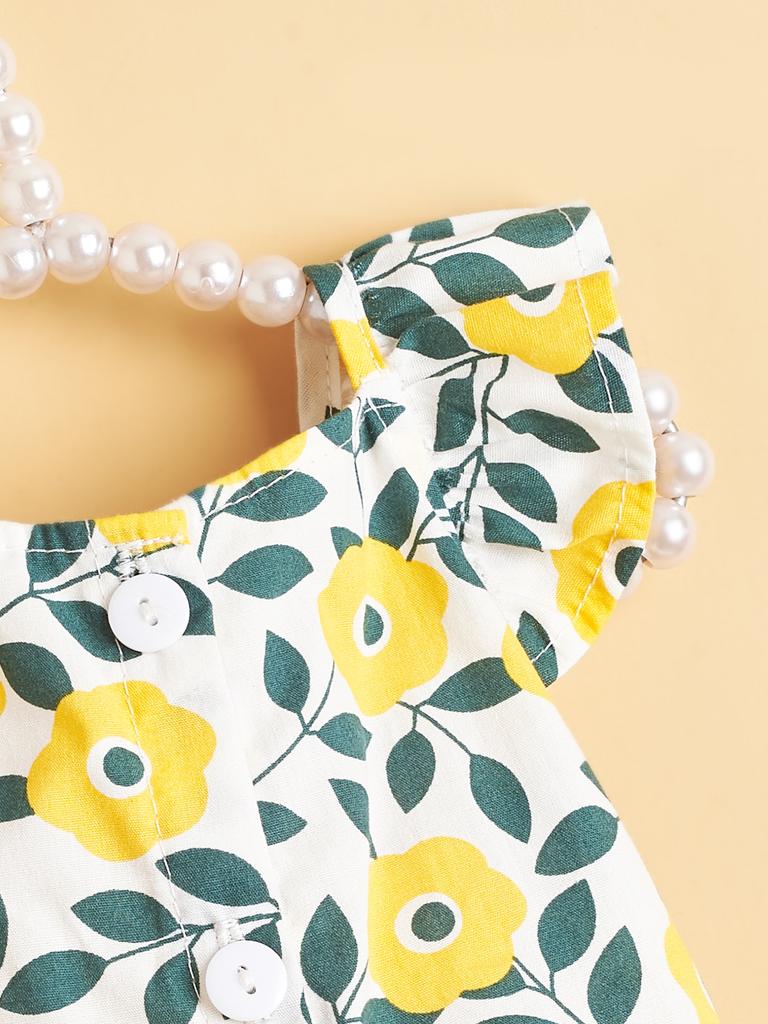 Dog Dress, Floral Print with Yellow Flowers & Green Leaves, Ruffle Collar, Cute Puppy Outfit, Fashion Pet Apparel for Small Dogs