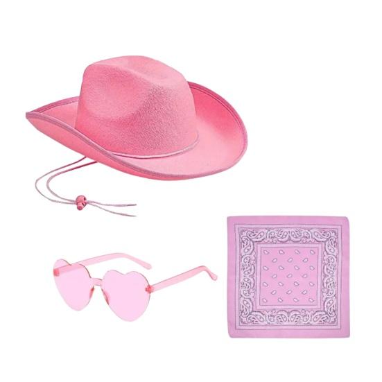 Hat Scarf Glasses Set Pink Series Felt Cowboy Hat with Feather Trim Pink Bandana Heart-Shaped Sunglasses Versatile Western Style Accessories