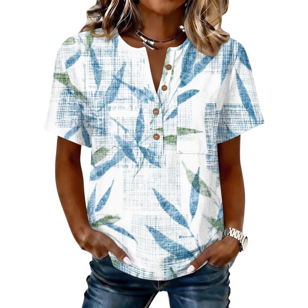 Camicetta da Donna Casual con Stampa Floreale, Collo Henley con Bottoni, Manica Corta, Cotone e Lino, Vestibilità Larga, Top Leggero