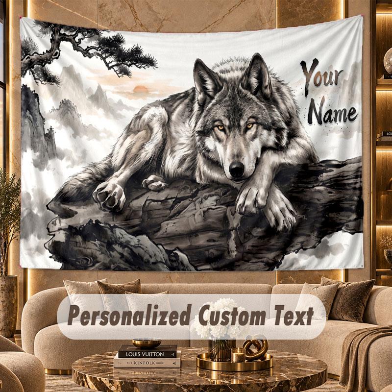 Wolf (167) Theme Wall Tapestry Customized With Name Text Personalized Hanging Tapestry For Bedroom Living Room Decor