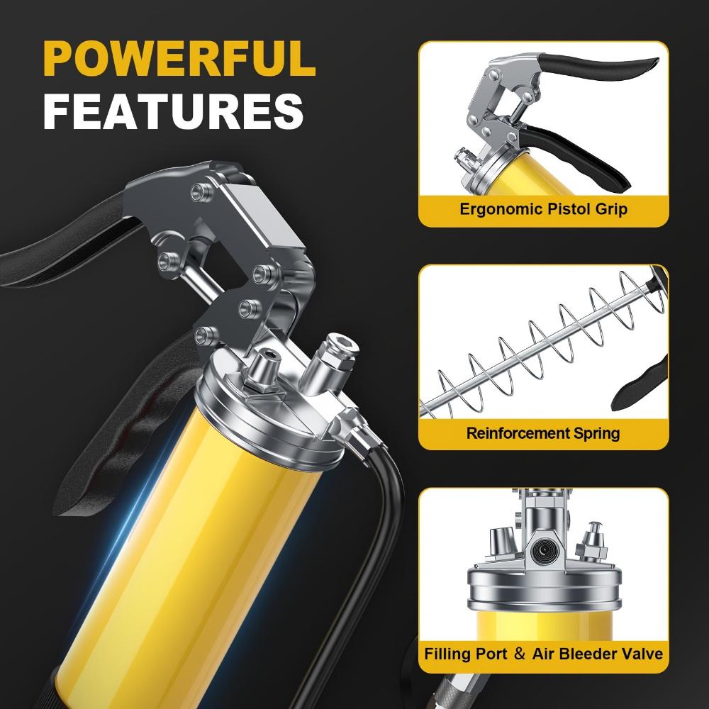 Hochleistungs-Fettpressen-Set, 8.000 PSI, 14 oz Edelstahlzylinder, 18 Schlauch, 2 Anschlüsse, 2 verlängerte starre Rohre, stilvolle Düse