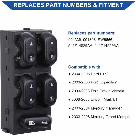 Power Master Window Switch, Compatible with 2004-2008 Ford F150, 2003-2006 Ford Expedition, 2003-2008 Crown Victoria, Lincoln Mark LT, Mercury Grand
