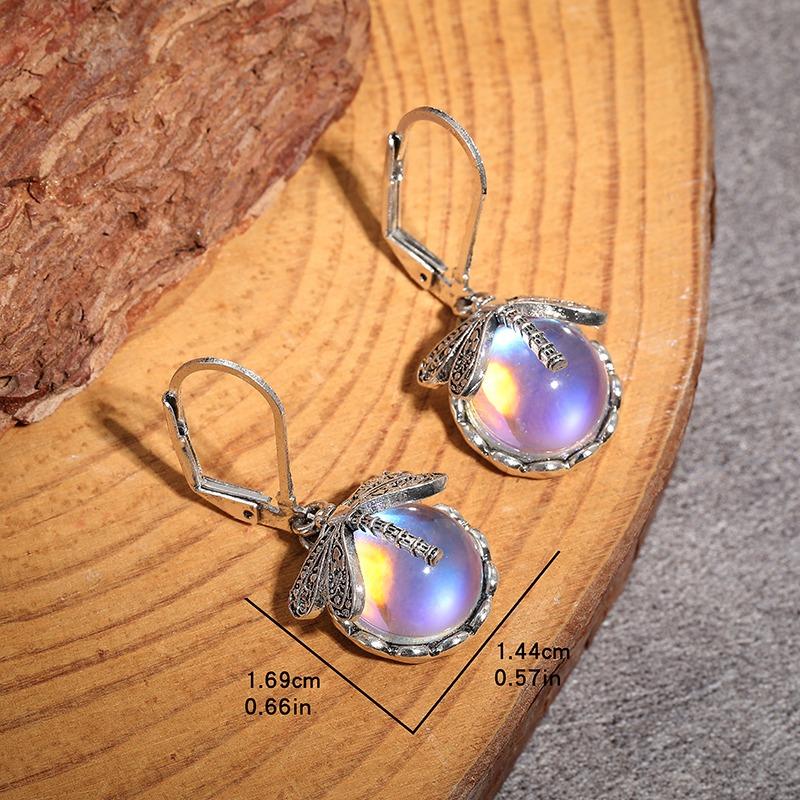 Vintage Bronze Dragonfly Earrings Fashion Gold Color Metal Carving Pattern Inlaid Multicolour Moonstone Drop Earrings For Women